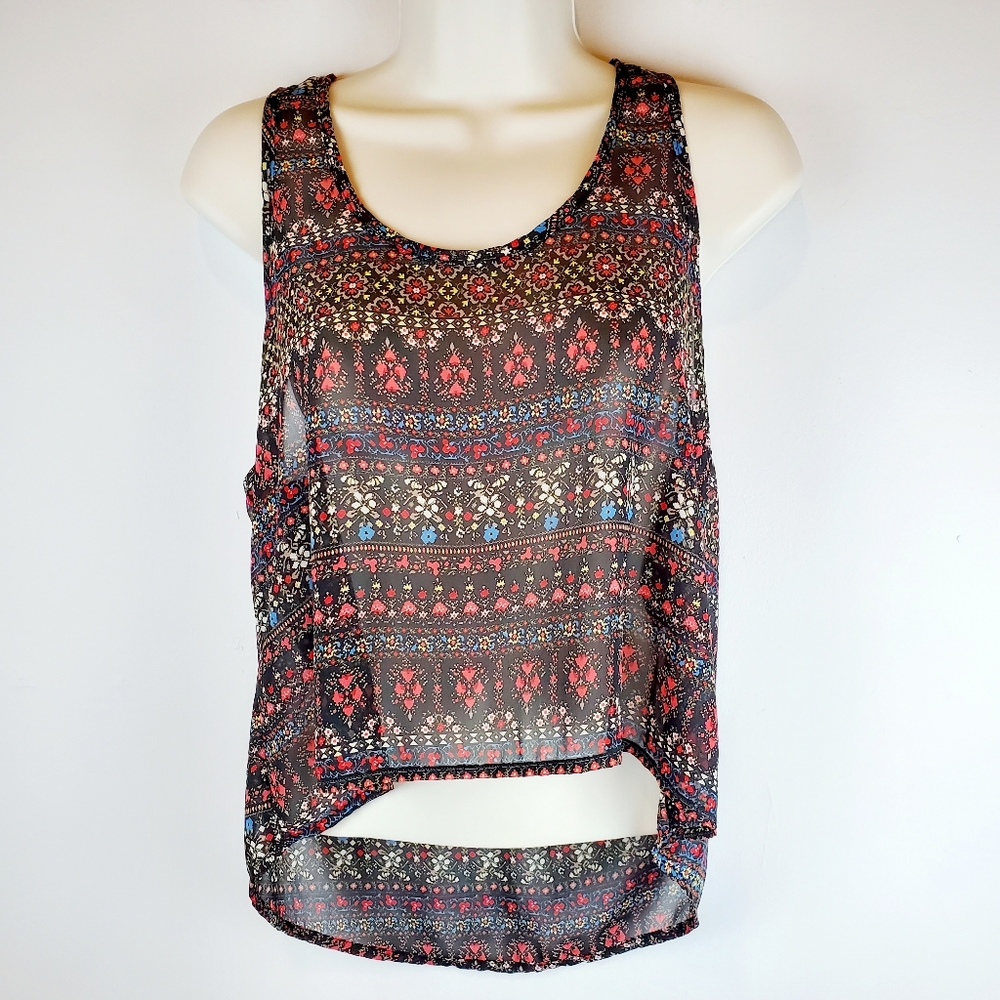 Papaya Womens Floral Stripe Bohemian Belly Blouse Top Tank Made in USA Size M